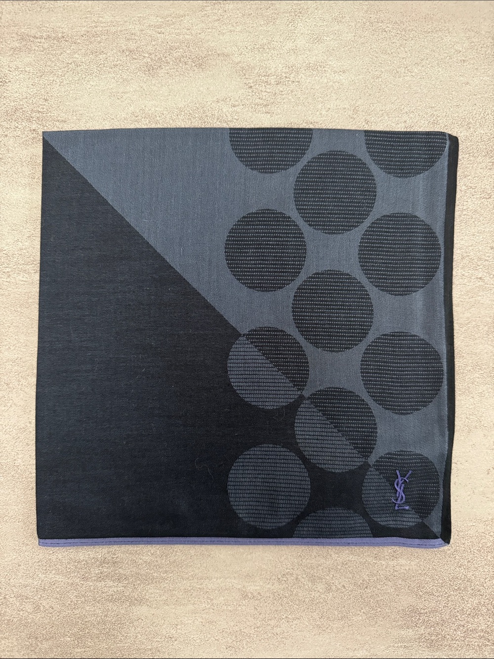 Yves Saint Laurent Black and Gray Polka Dot Pocket Square with Purple Logo Trim